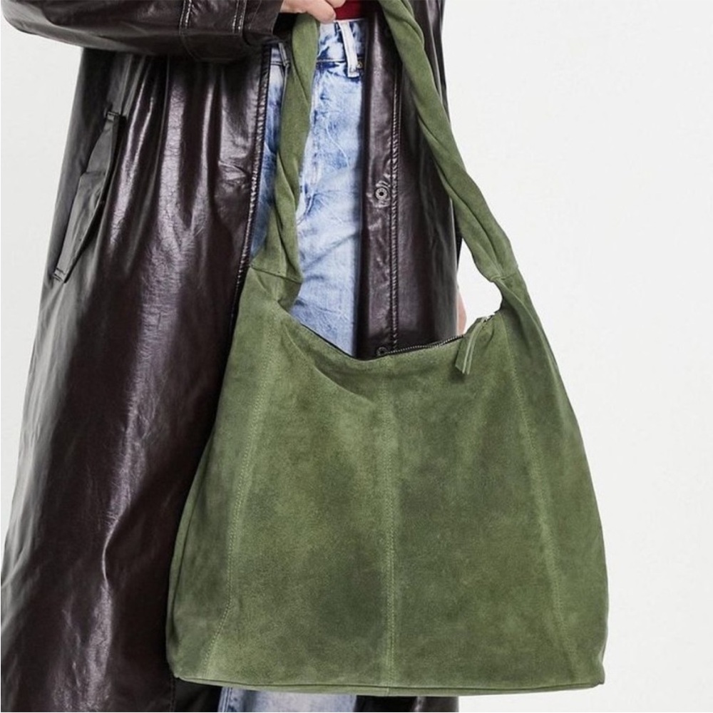 Topshop Suede Slouch Shoulder Bag Green Top Zip - Picture 3 of 8